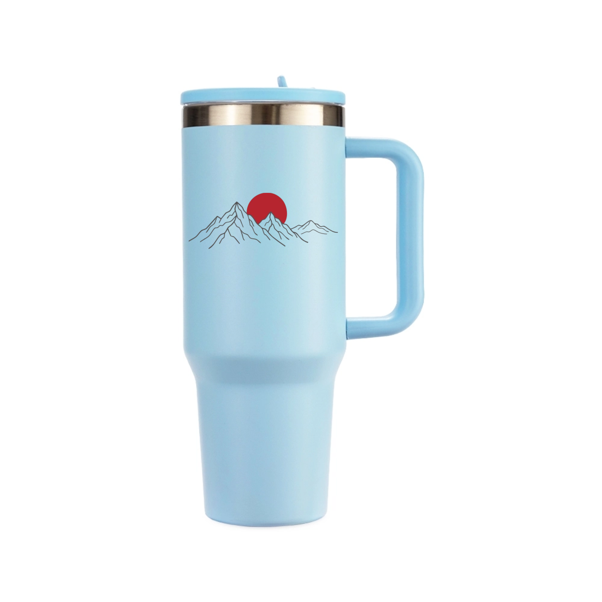 Caneca térmica 1,2L POC Studio azul-claro com alça e arte de montanhas com sol gravada
