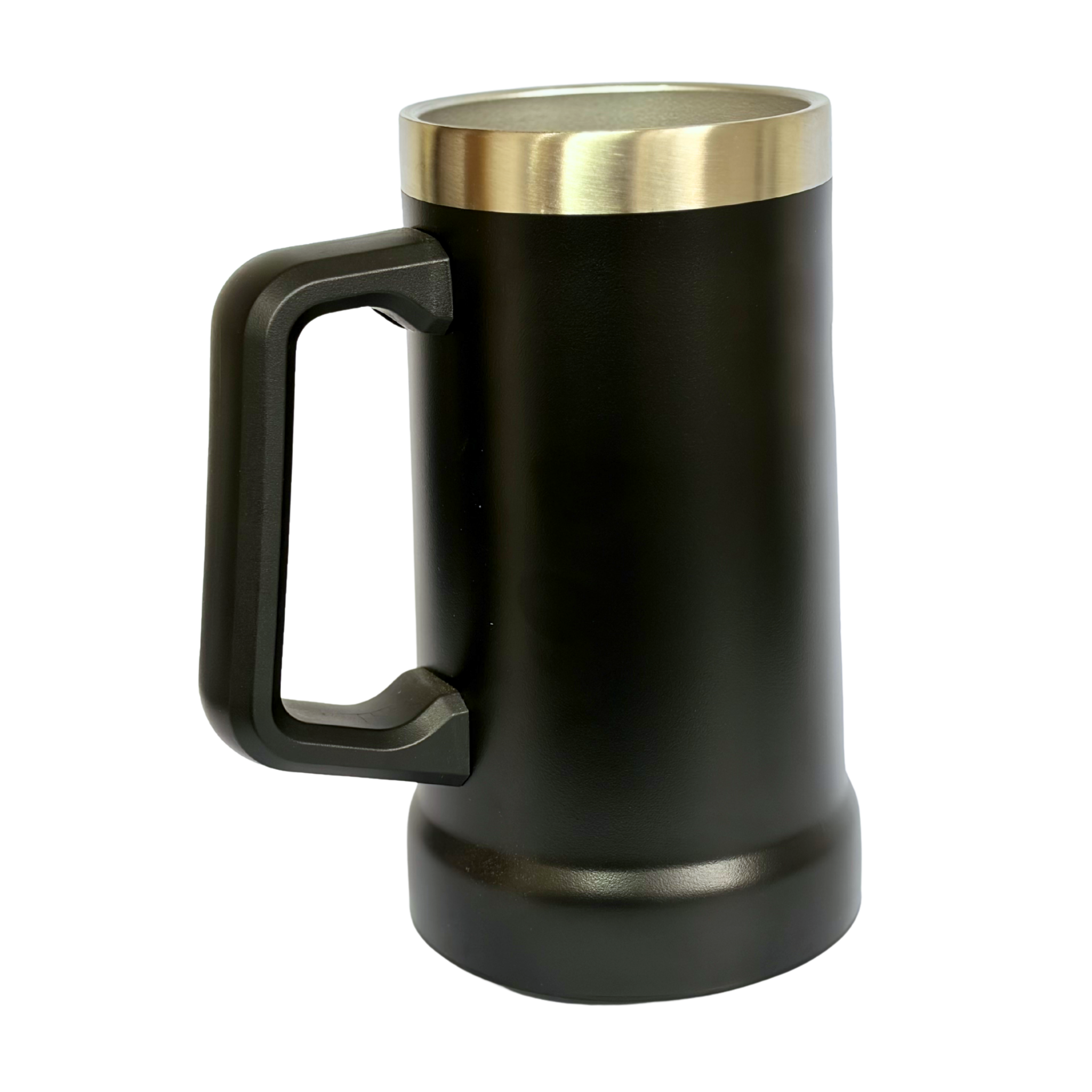Caneca de chopp térmica em aço inox 709ml preta com alça e borda dourada
